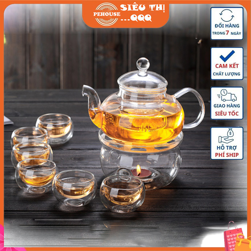 Bộ Ấm Trà thủy tinh 6 Tách Trà Thuỷ Tinh 2 lớp Cao Cấp ấm  600ml chịu nhiệt kèm đế nến tặng nến - Hàng chính hãng