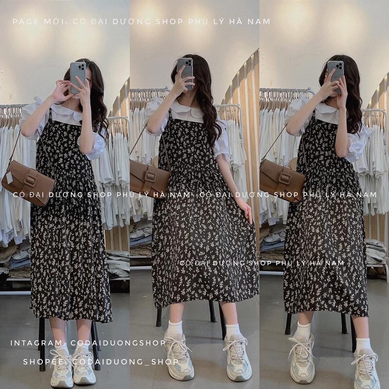 Set áo sơ mi crt yếm hoa đen 0721
