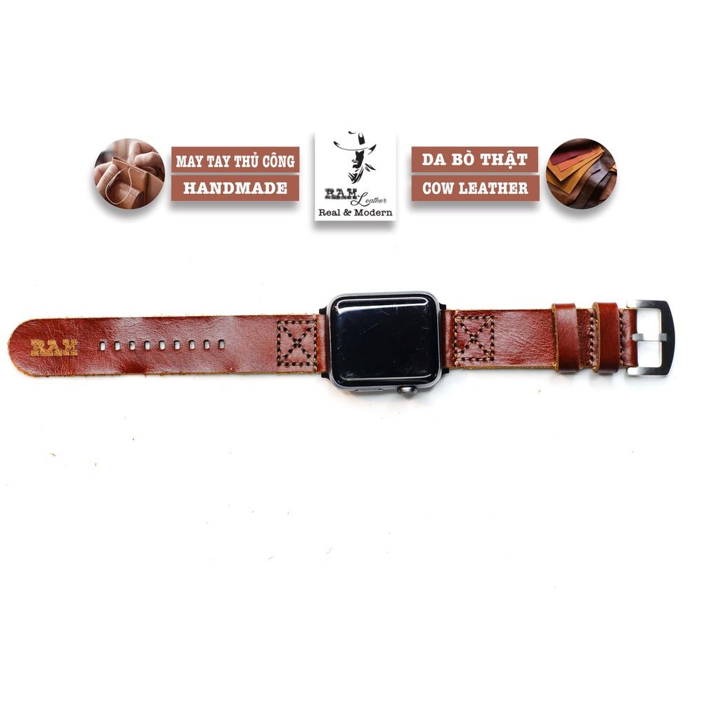 Dây đồng hồ da bò nâu đỏ RAM simple X handmade bền chắc - chính hãng RAM