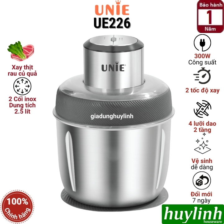 Máy xay thịt - thực phẩm Unie UE-226 - 2 cối inox 2.5 lít + dụng cụ bóc tỏi - Hàng chính hãng