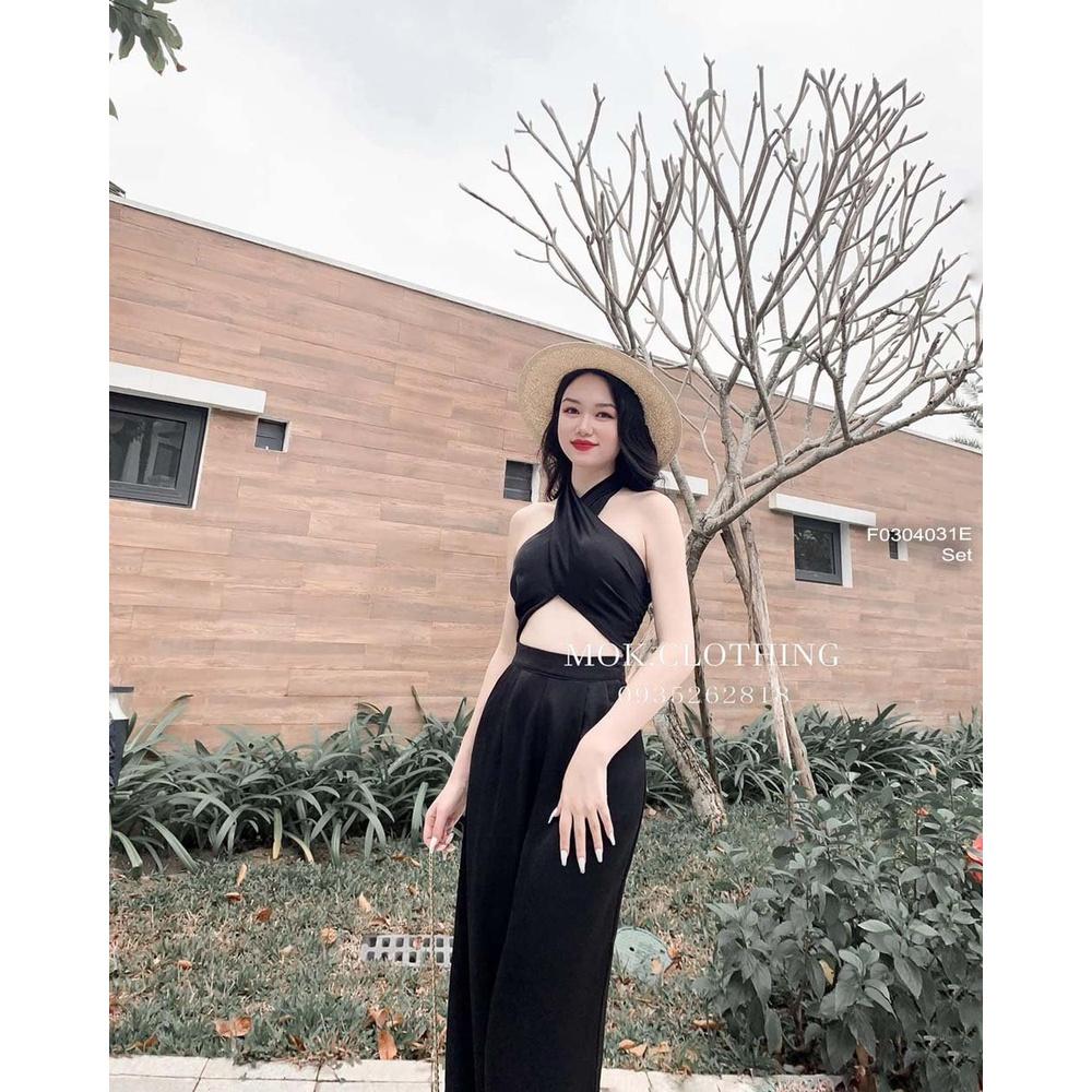 Set lụa áo croptop ngực đắp chéo cổ yếm phối quần suông