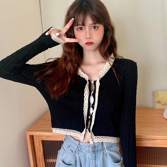 Áo khoác cardigan dệt kim mỏng dài tay phối nút ngọc trai thời trang cho nữ