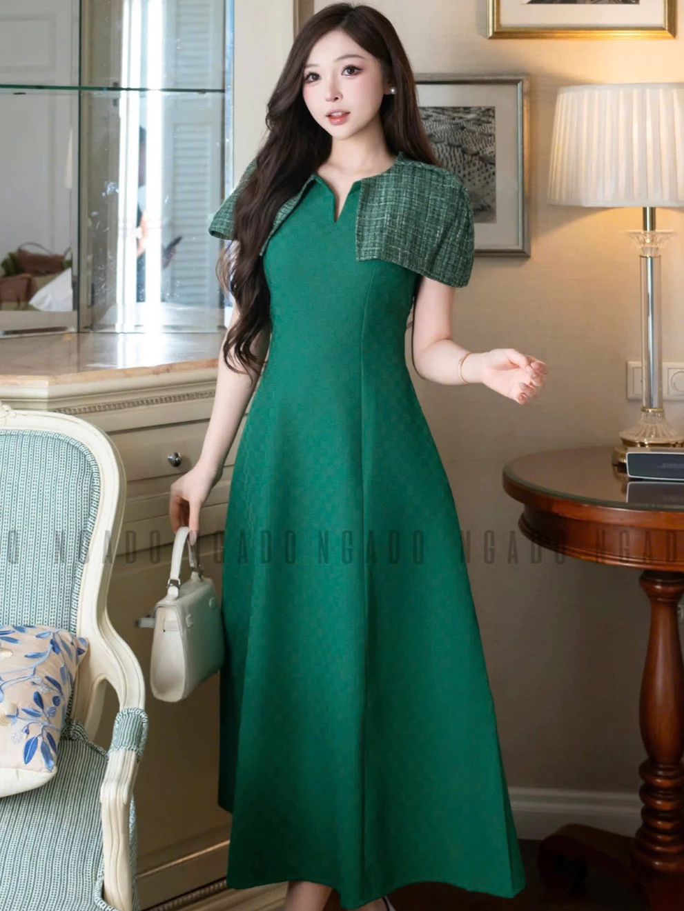 Đầm xanh lá phối tweed NGADO , đầm dự tiệc dáng dài , đầm thiết kế
