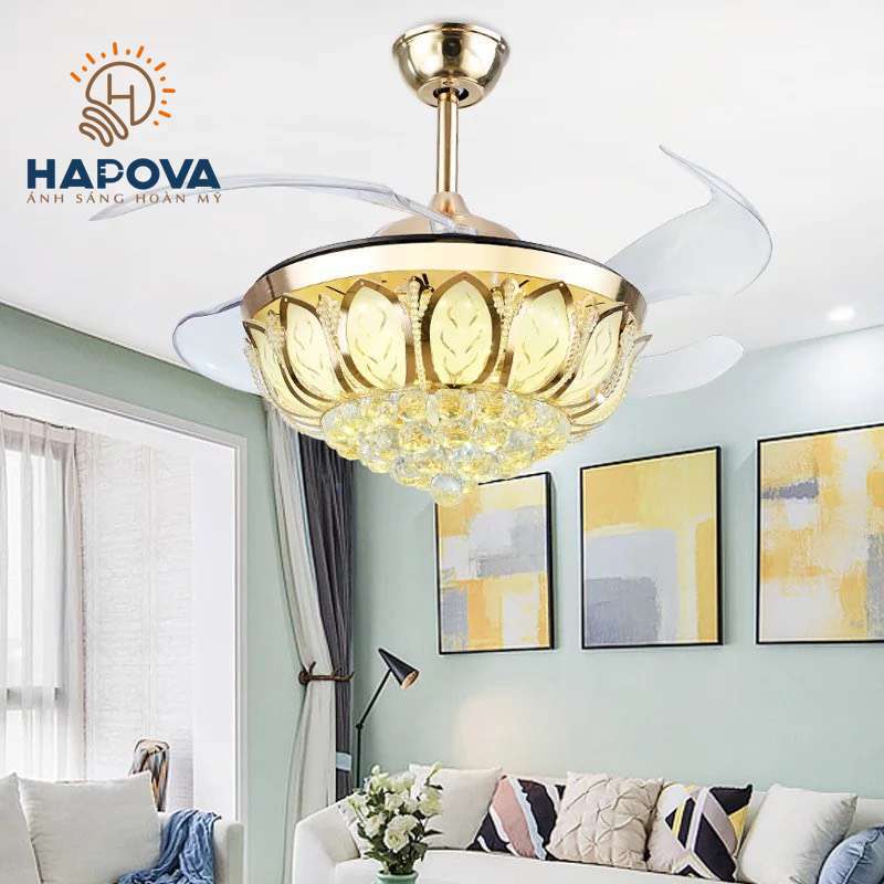 Quạt trần đèn, quạt đèn trần dấu cánh trang trí phòng khách Cánh Sen HAPOVA PERVI 8015 Động cơ 6 số + Tặng kèm điều khiển từ xa Hàng chính hãng