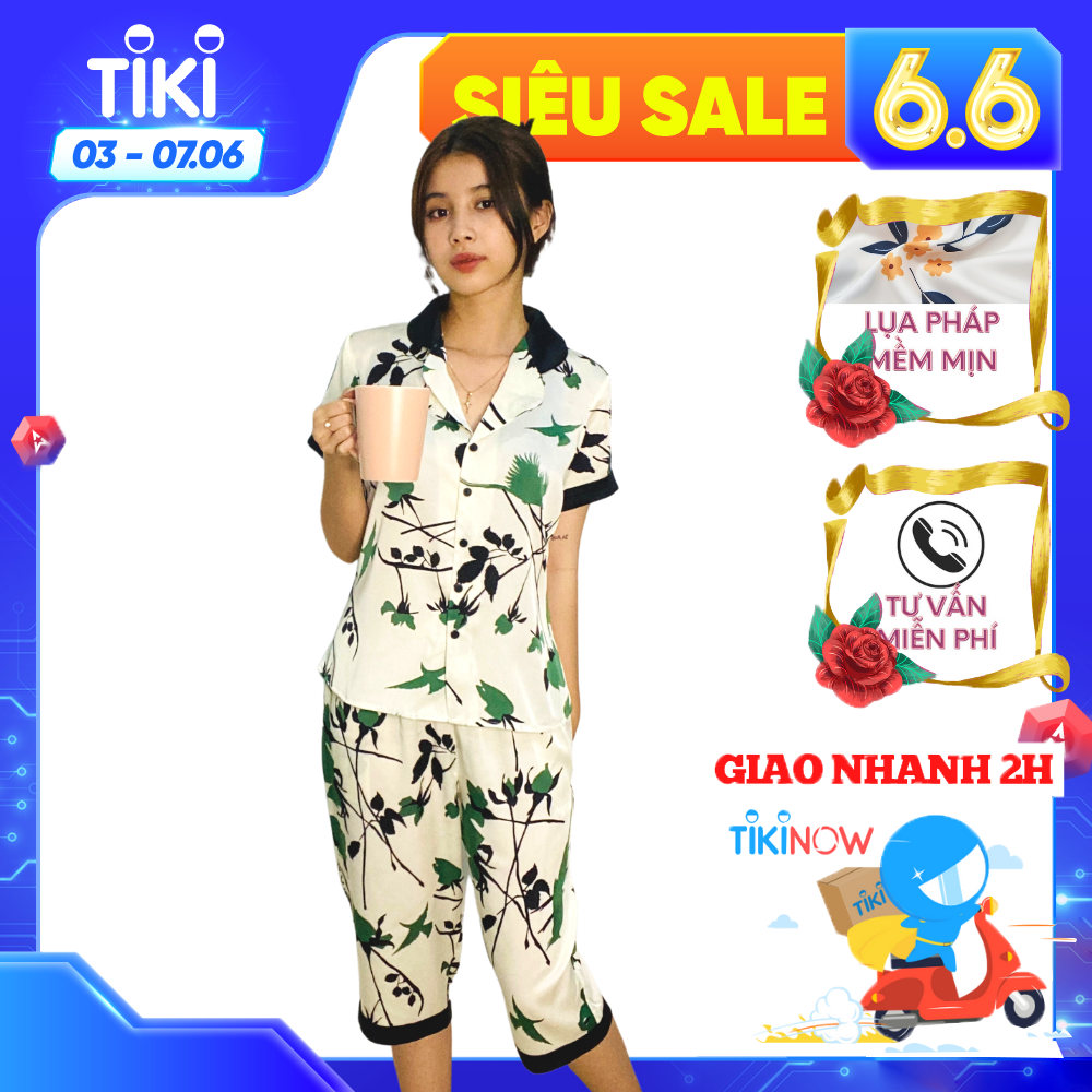 Bộ đồ Pyjama nữ, đồ mặc nhà lụa VILADY - B143 Quần Lửng Tay Cộc Họa Tiết Chim Màu Xanh, chất liệu lụa Pháp (lụa latin)