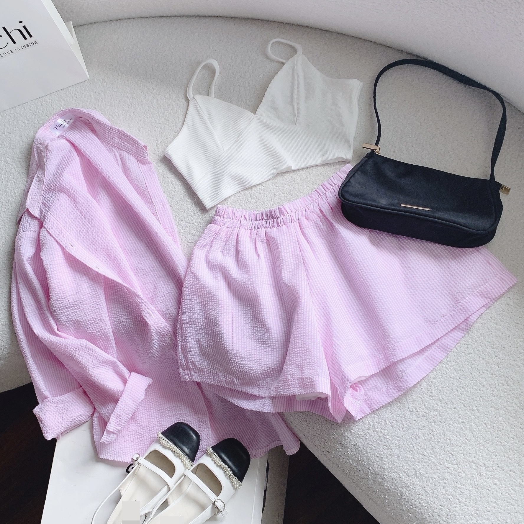 SET ÁO CROPTOP DÂY BRA BIKINI CARO + ÁO SƠ MI PASTEL FORM RỘNG + QUẦN NGẮN LƯNG CAO ỐNG RỘNG ĐI BIỂN DẠO PHỐ