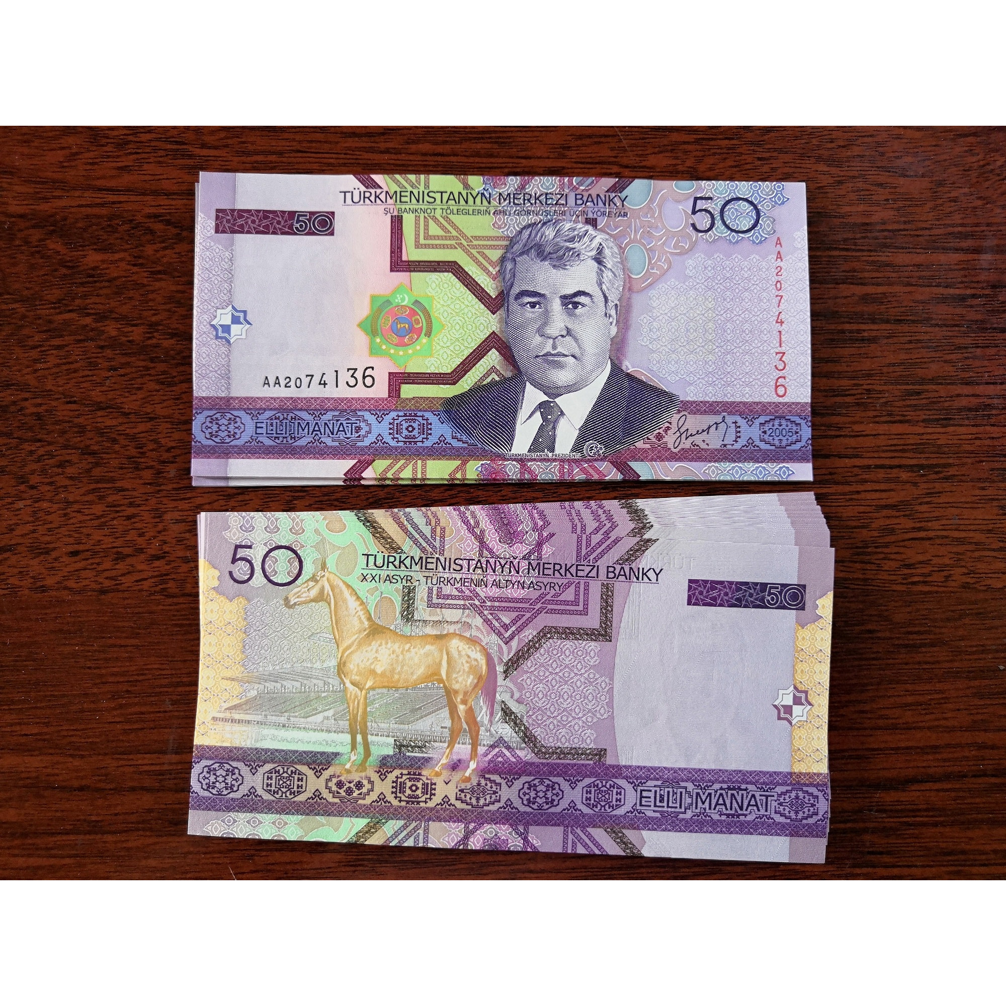 Tờ tiền châu Á 50 Manat của Turkmenistan xưa hình con ngựa sưu tầm , tuổi Ngọ - Mới 100% UNC