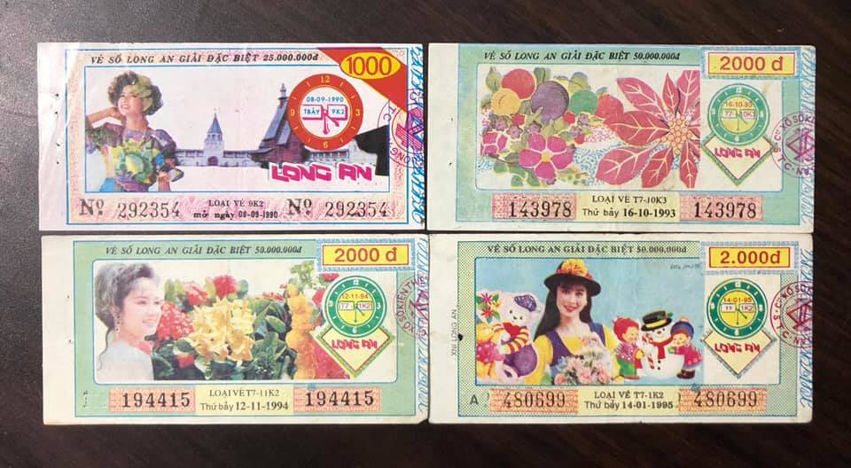 Combo 4 tờ vé số tỉnh Long An 1990, 1993, 1994, 1995 sưu tầm