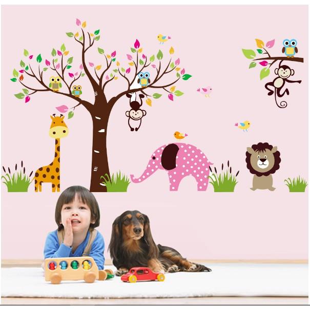 Decal trang trí tường - Thú và Cây sắc màu size lớn