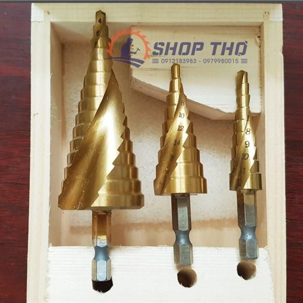 Bộ 3 mũi khoan tháp hộp gỗ - chuôi lục - me xoắn