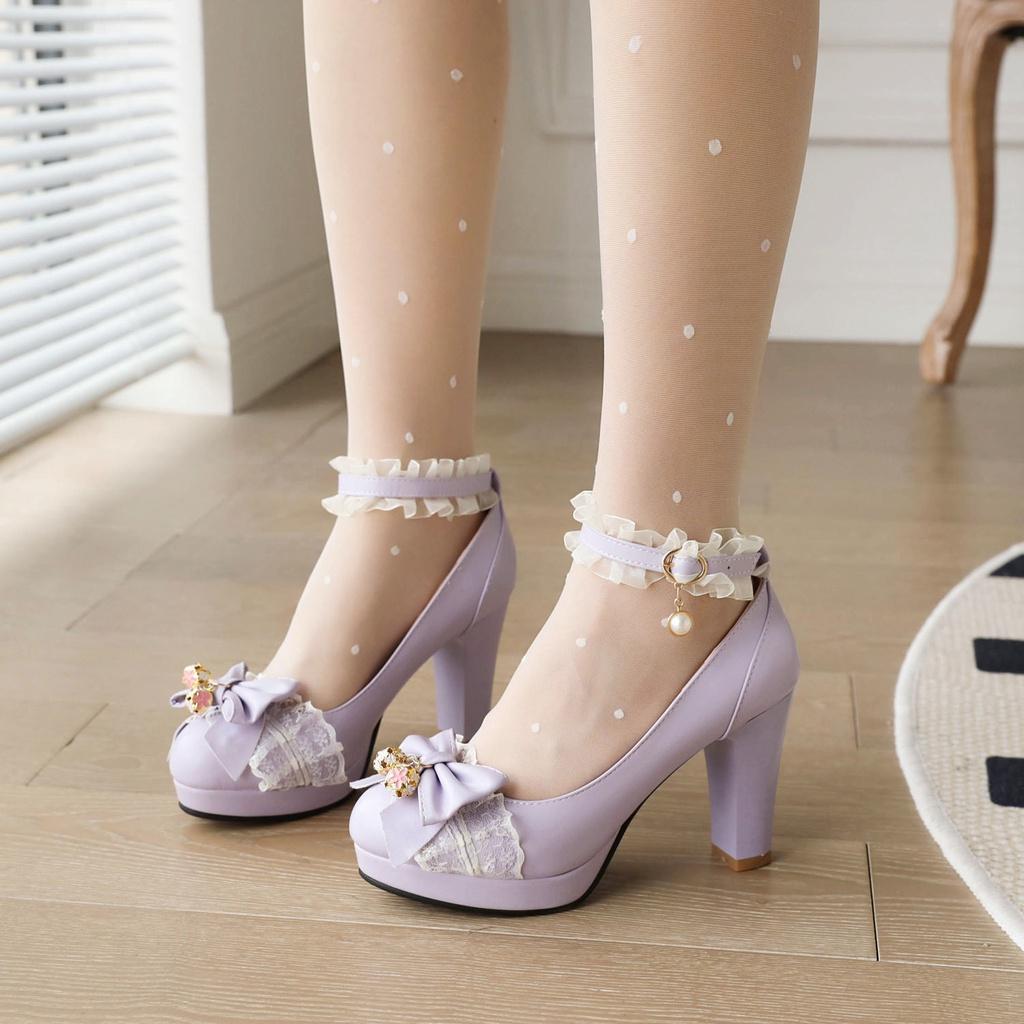 9P Mẫu giày cao búp bê đầu tròn Lolita giày dép có kích thước lớn 40 41 42 43