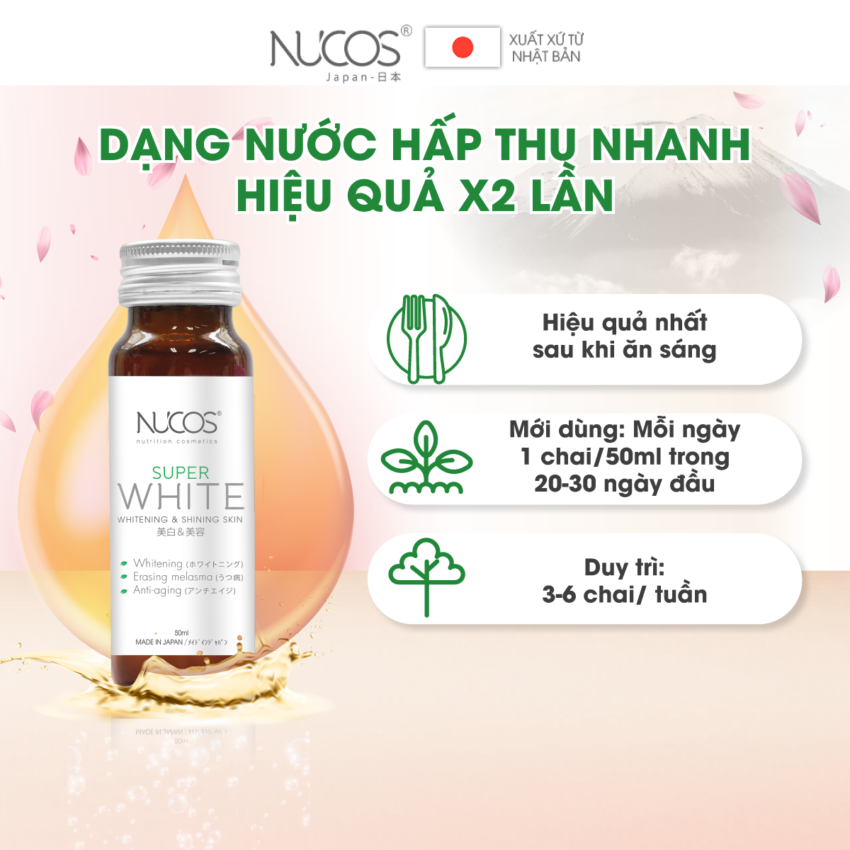 Collagen uống hỗ trợ trắng da mờ thâm nám Nucos Super White​ 10 chai x 50ml