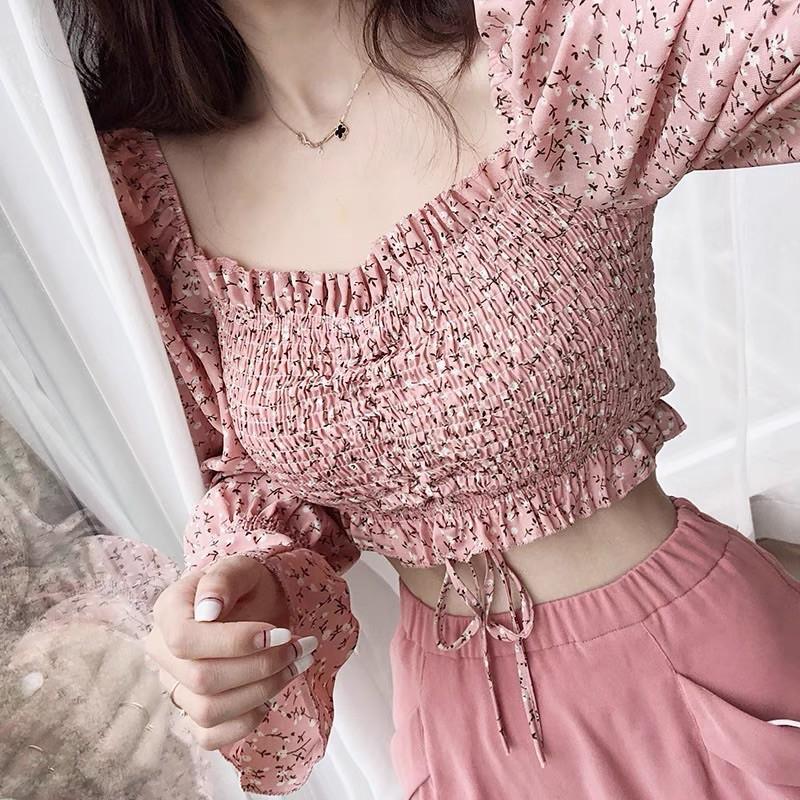 Áo Croptop Cổ Vuông Trễ Vai Hoa Nhí Tay Dài Dây Rút Quảng Châu