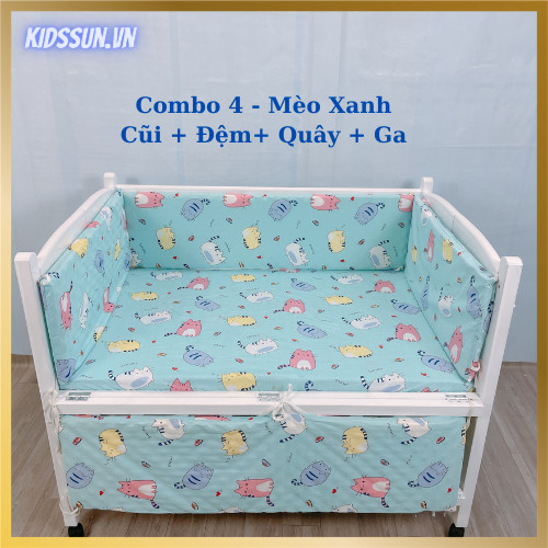 Giường Cũi KidsSun - Nôi Cũi Cho Bé Từ Sơ Sinh Đến 3-4 Tuổi - Chất Liệu Gỗ Quế Màu Trắng - Combo 4 Sản Phẩm