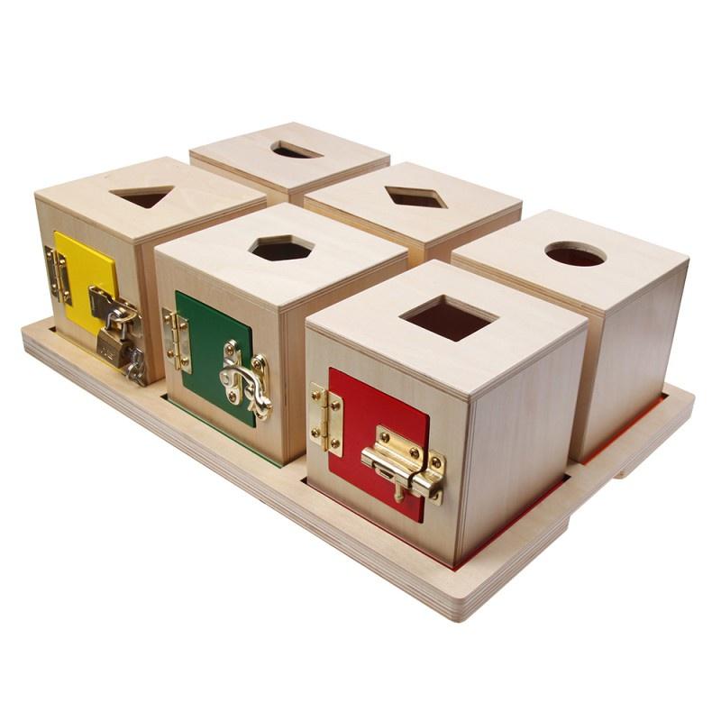 Bộ 6 hộp khóa có đồ vật và khay - Lock Box with objects and tray