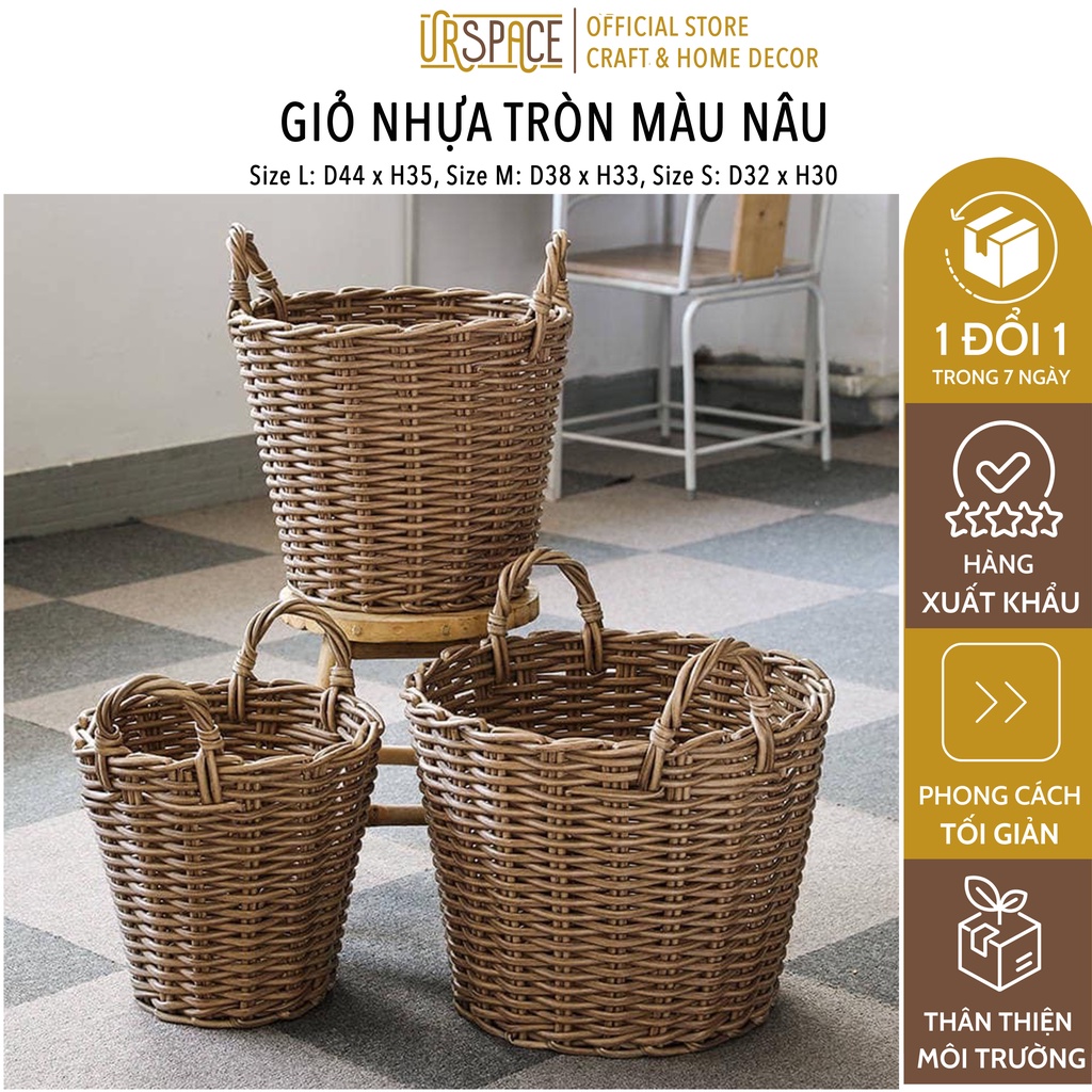 Giỏ nhựa đựng đồ URSPACE hình tròn màu nâu có quai cầm tiện dụng/ ROUND RESIN BASKET