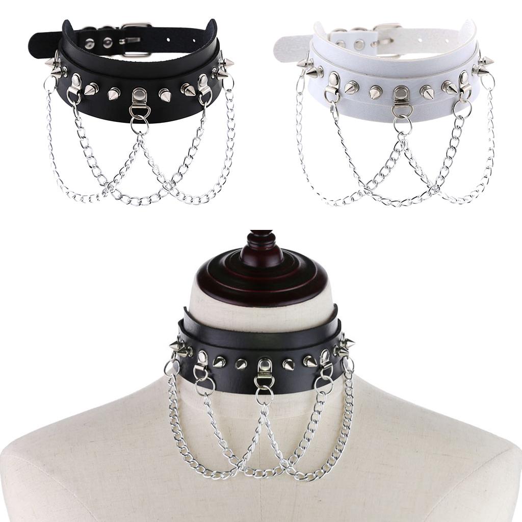 Gothic Pu Leather Choker Women Spike Metal Chain Necklace Punk Jewelry White