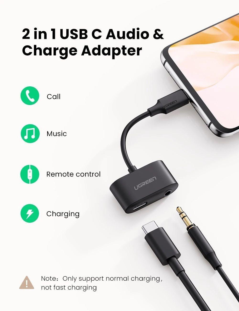 Ugreen UG70606CM193TK 2 trong 1 bộ chuyển usb type C ra 3.5mm Audio và sạc cổng C màu đen - HÀNG CHÍNH HÃNG