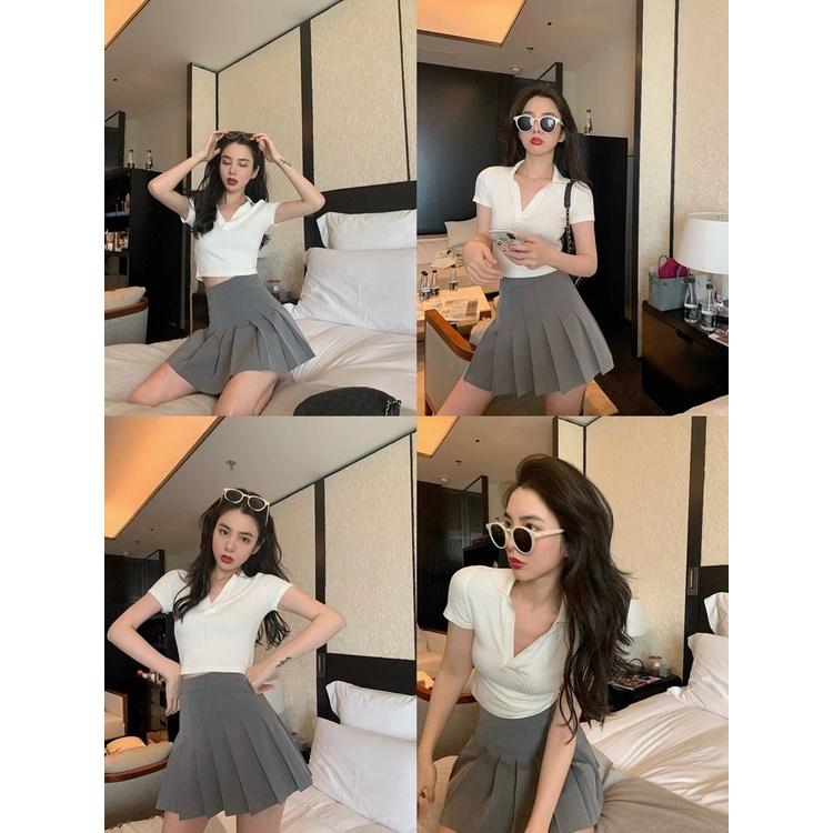 MS704 Áo polo len nữ cổ bẻ croptop nămg động