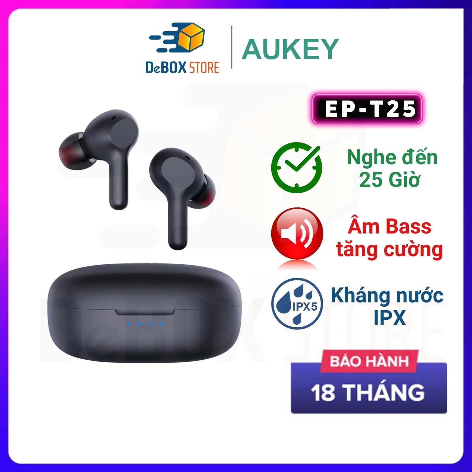 Tai Nghe Bluetooth Không Dây TWS AUKEY EP-T25, BT 5.0, Nghe 25H, Cảm Ứng, Chống Nước IPX5, Nghe Độc Lập 2 Tai - Hàng Chính Hãng