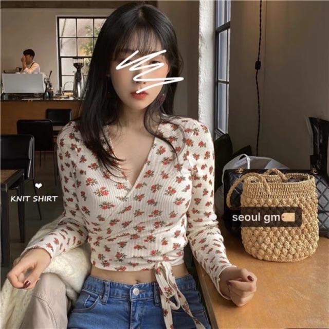 Áo thun gân hoa buộc eo phong cách vintage 2020