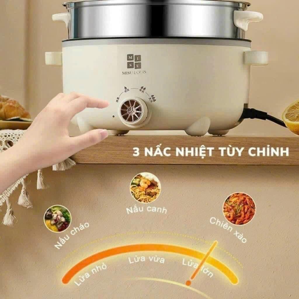 Nồi Lẩu Điện Mini, Nồi Hấp 2 Tầng, Nồi Lẩu Điện Đa Năng Tặng Kèm Xửng Hấp, Dung Tích 4Lit, Size 28cm - Hàng Chính Hãng