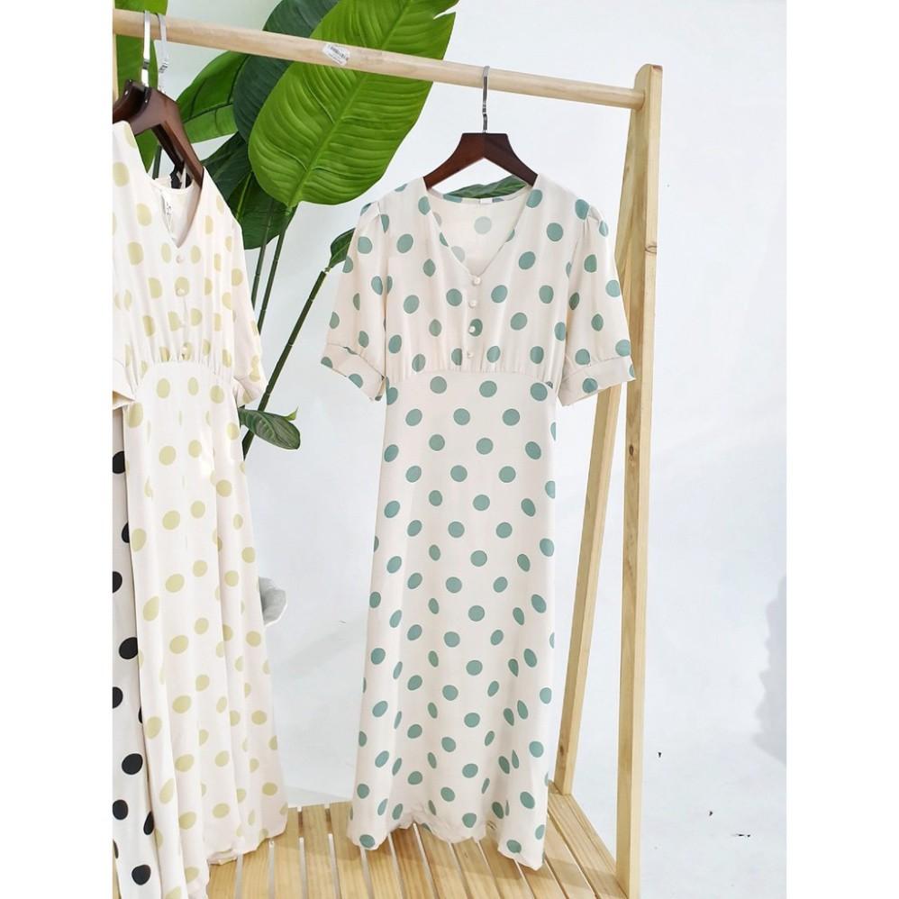 Maxi tay ngắn chấm bi cổ tim đính 4 nút trai (hình shop tự chụp) /hình shop tự chụp