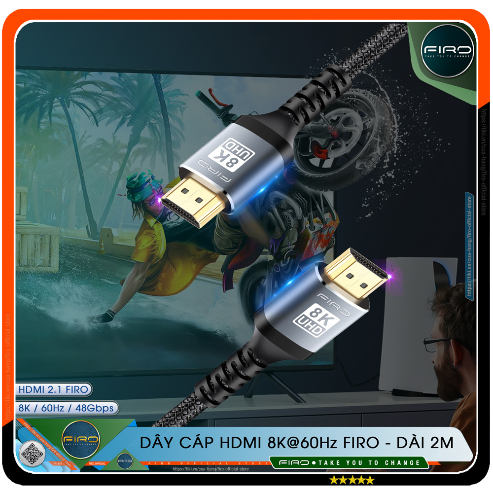 Cáp HDMI FIRO ATMOS - Dây HDMI 2.1 8K/60Hz/48Gbps - Dài 2M Lõi Dù Dùng Cho Tivi/ Máy Tính/ Playstation - Hàng Chính Hãng