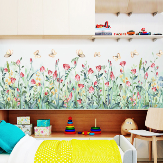 Decal trang trí tường - Chân tường hoa lá hồng