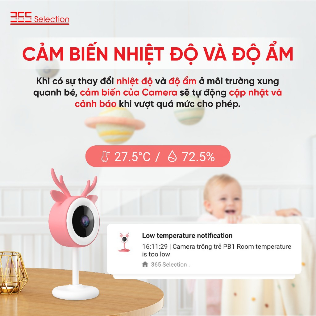 Camera trông trẻ thông minh 365 Selection PB1 - Độ phân giải 2K, Phát hiện tiếng khóc, Phát nhạc ru trẻ - Hàng Chính hãng