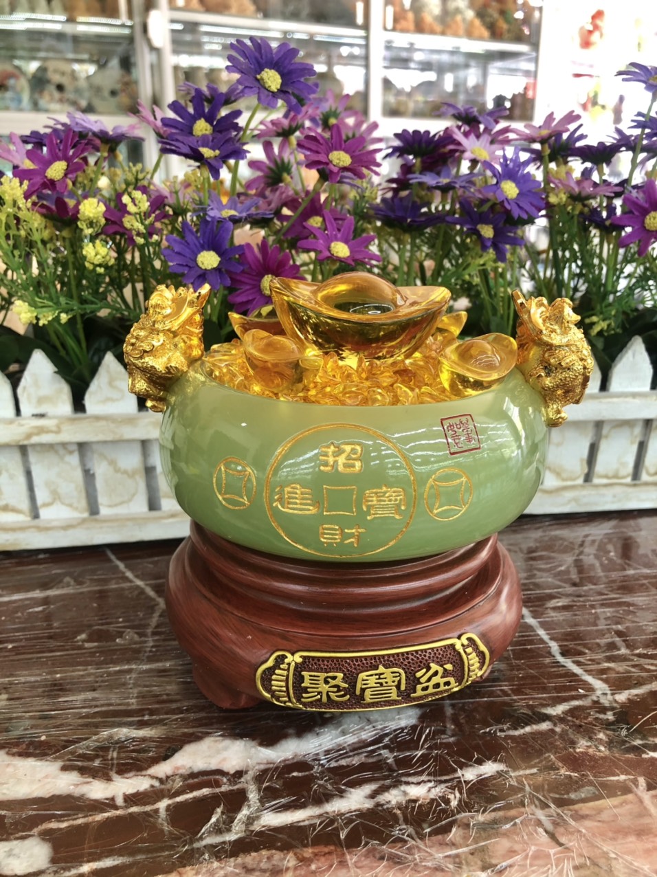 Bát vàng, Bát Tụ Tài, Bát Tụ Bảo đá ngọc cẩm thạch Hút Tài, Hút Lộc, Chiêu tài nạp lộc trang trí bàn thờ thần tài - Cao 14cm