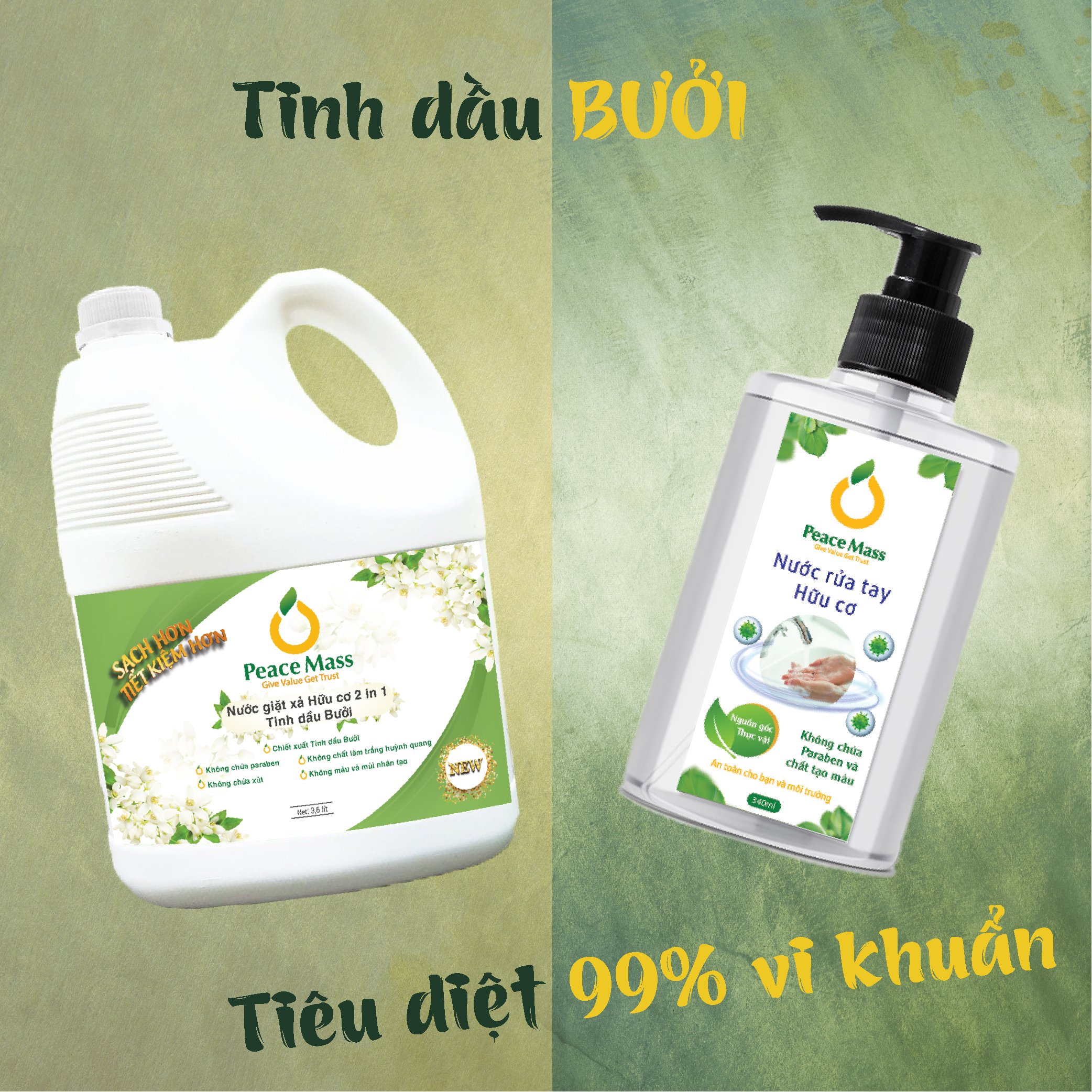 Combo Sản Phẩm Gốc Thực Vật NGB2 Peace Mass Nước Giặt Xả 2 in 1 3.6 lít + Nước Rửa Tay 340ml (Thuộc nhóm Sản phẩm Lành tính / Hữu cơ)