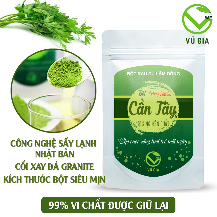 Bột Cần Tây Sấy Lạnh Nguyên Chất Vũ Gia (50g/ túi) + Tặng Chai Thủy Tinh Đựng Nước Ép Có Dây Treo 300ml