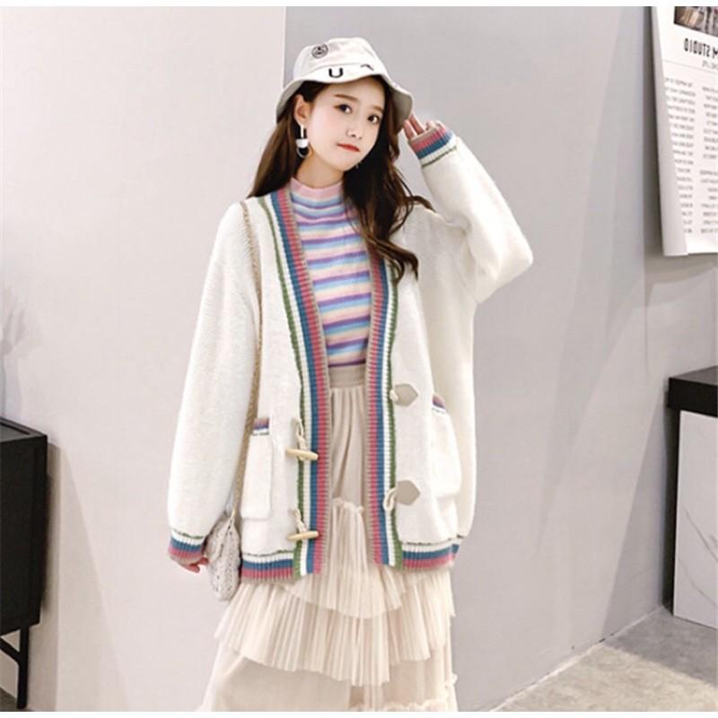 Áo khoác cardigan len màu trắng dáng rộng trẻ trung cho nữ giới mùa thu đông