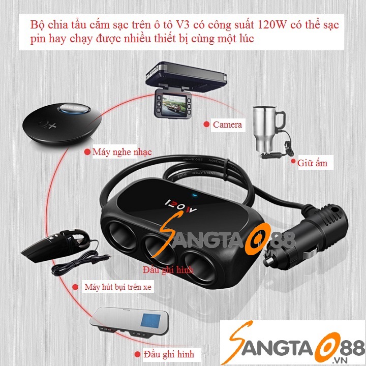 Bộ chia tẩu xe hơi công suất lớn, 3 cổng cắm và 2 cổng USB cao cấp V3