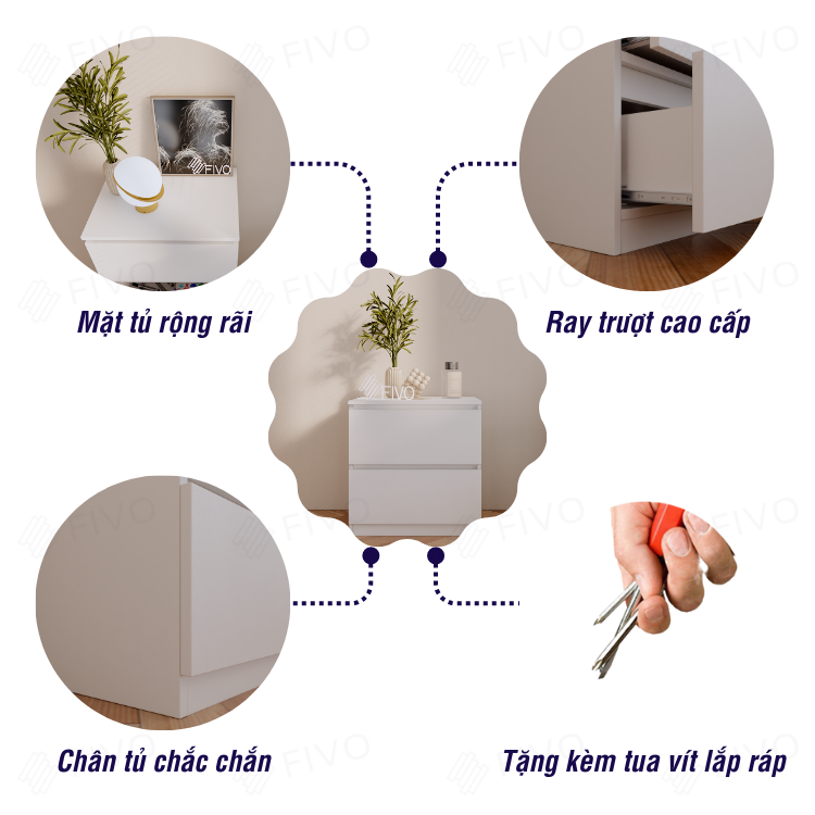 Tủ Đầu Giường Gỗ FIVO FT19 Có Ray Trượt Cao Cấp, Tay Cầm Thiết Kế Thẩm Mỹ - 2 Hộc Tủ