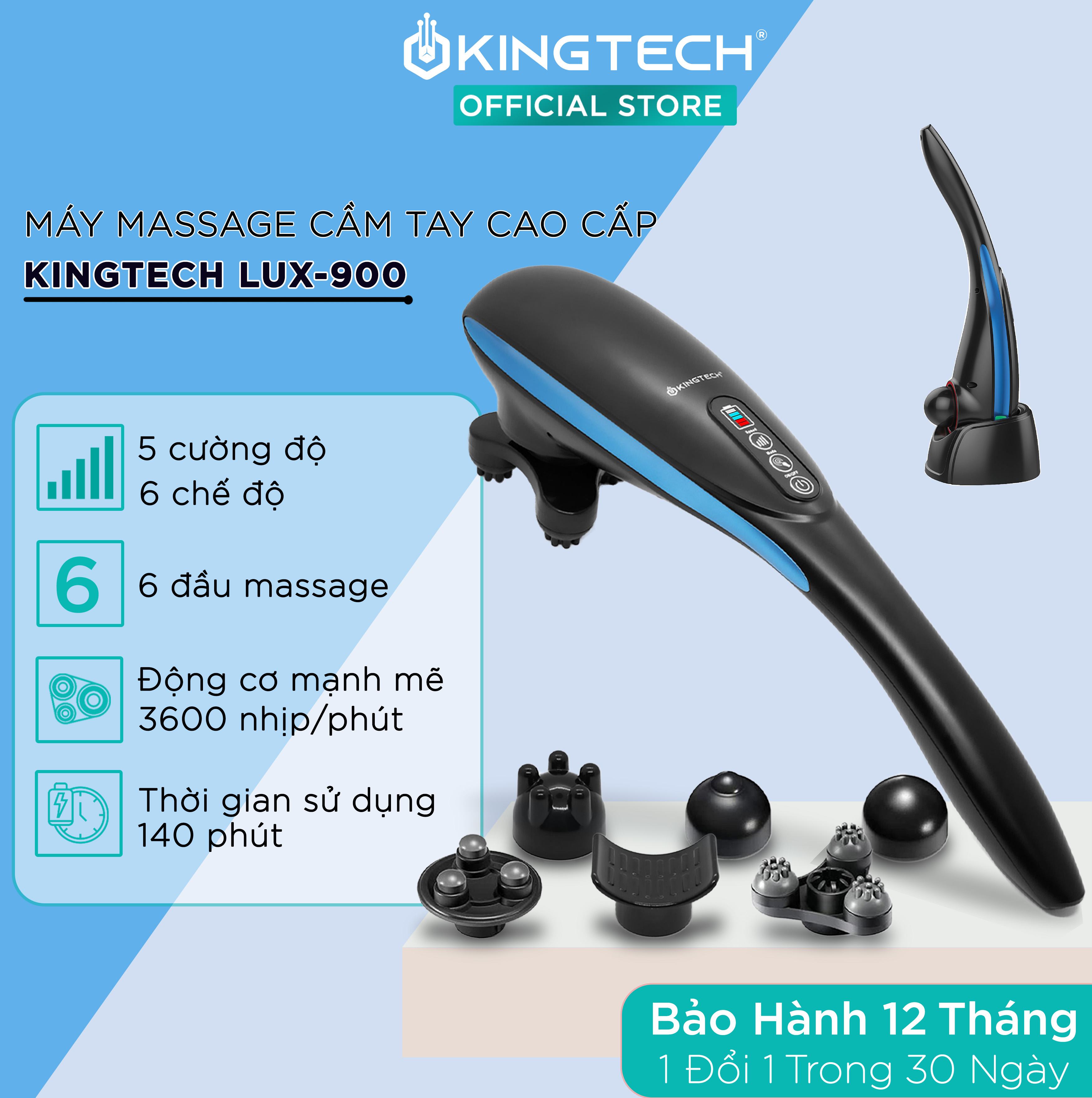 Máy Massage Cầm Tay Đa Năng Cao Cấp Kingtech Lux - 900 - Mát Xa Toàn Thân, Chuyên Sâu Cho Lưng, Cổ, Vai, Gáy Cánh Tay - Chính Hãng
