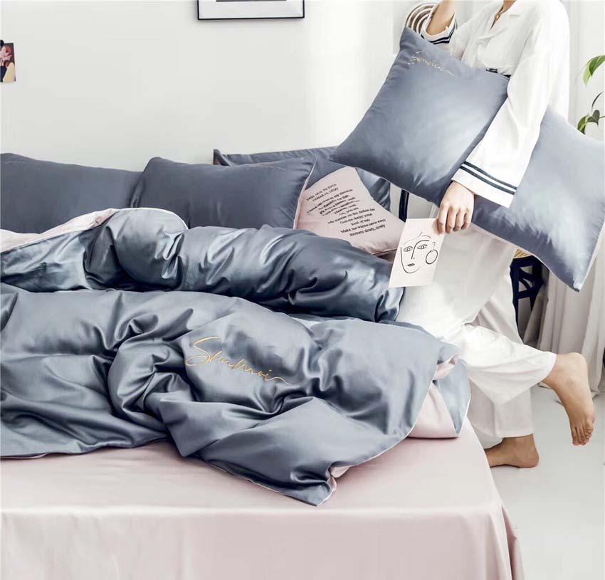 Bộ Chăn Ga Gối Lụa Tencel 60s Đơn Sắc LIDACO Cao Cấp - Ghi Phối Ga Hồng - TẶNG VỎ GỐI ÔM COTTON
