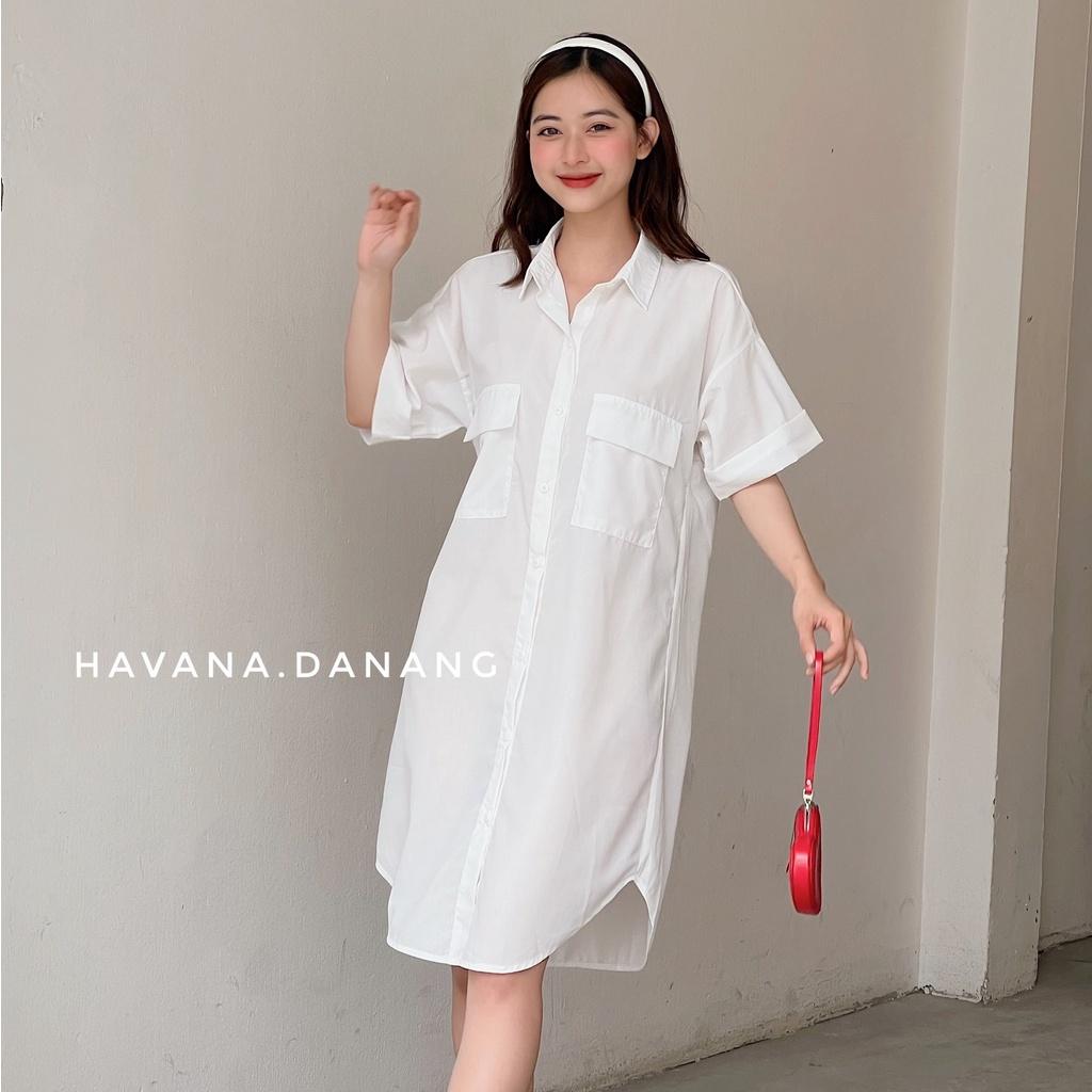 Đầm sơ mi tay cộc, sơ mi hai túi freesize form rộng