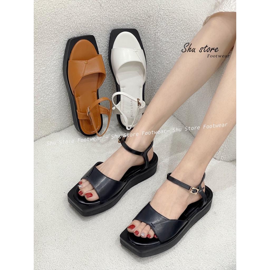 Sandal mũi vuông quai da may chéo thời trang đi học đi chơi xinh xắn cho nữ Shu Store