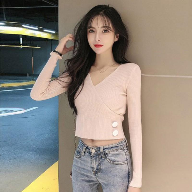 Áo Dệt Kim Nữ Tay Dài Cổ Chữ V Màu Trơn