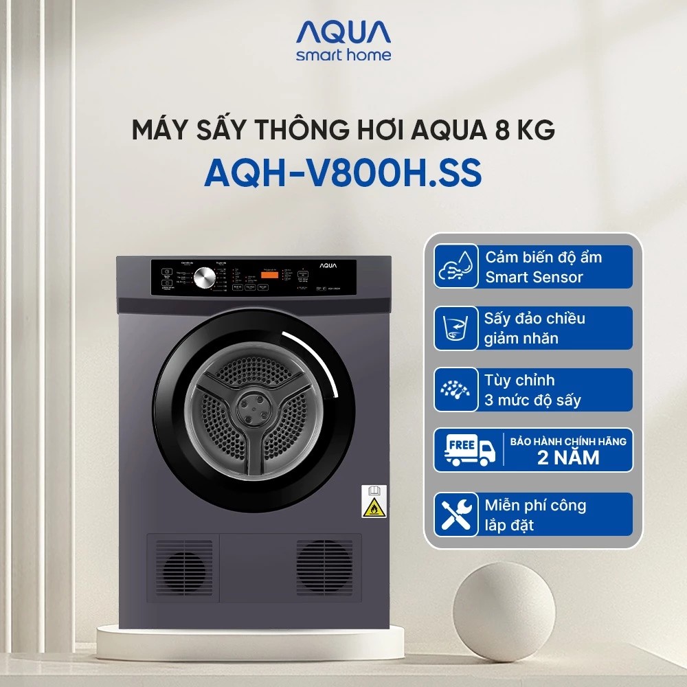Máy sấy thông hơi Aqua 8KG AQH-V800H.SS - Bảo hành tận nhà - Freeship toàn quốc - Hàng chính hãng