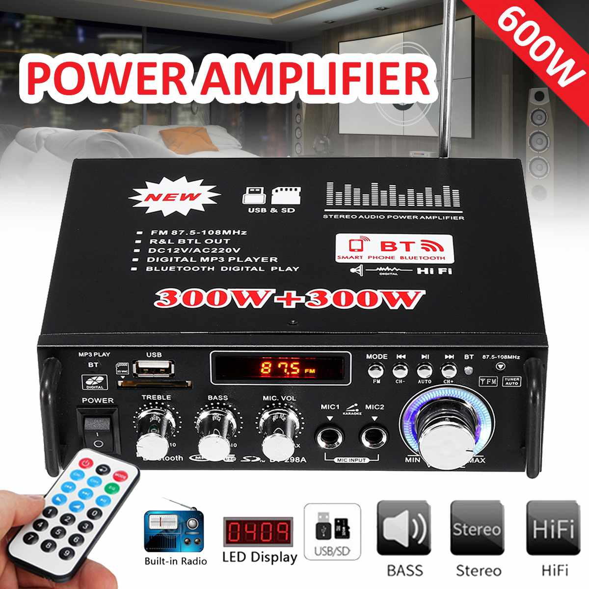 ROGTZ - Amply Mini Gia Đình BT-298A Công suất khủng 40W+40W Kết nối Bluetooth Hỗ trợ FM Radio Điện áp 220V/DC12V Pin CR2052 Tỉ lệ méo tiếng thấp SNR cao Nhỏ gọn Dễ sử dụng Gia đình Karaoke Âm nhạc - Hàng Chính Hãng
