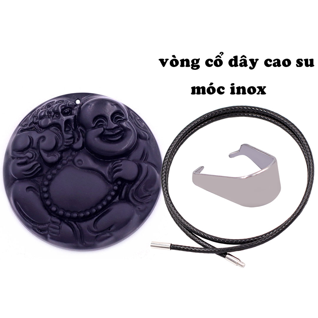 Mặt dây chuyền Phật Di lặc tròn đá đen 4.5 cm  kèm vòng cổ dây cao su đen + móc inox trắng, mặt dây chuyền Phật cười