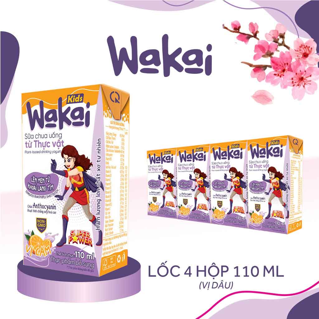 Thùng 24 Hộp Sữa Chua Uống Cho Bé Từ Thực Vật Wakai Kids Cam (110ml x 24hộp)