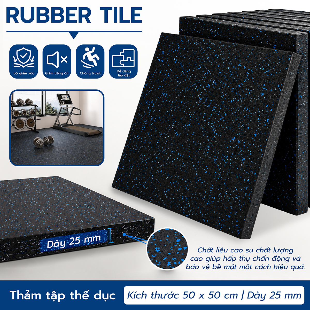 Thảm caosu cứng , Gạch caosu 6025 (50X50X2.5) đạt tiêu chuẩn Mỹ và Châu Âu