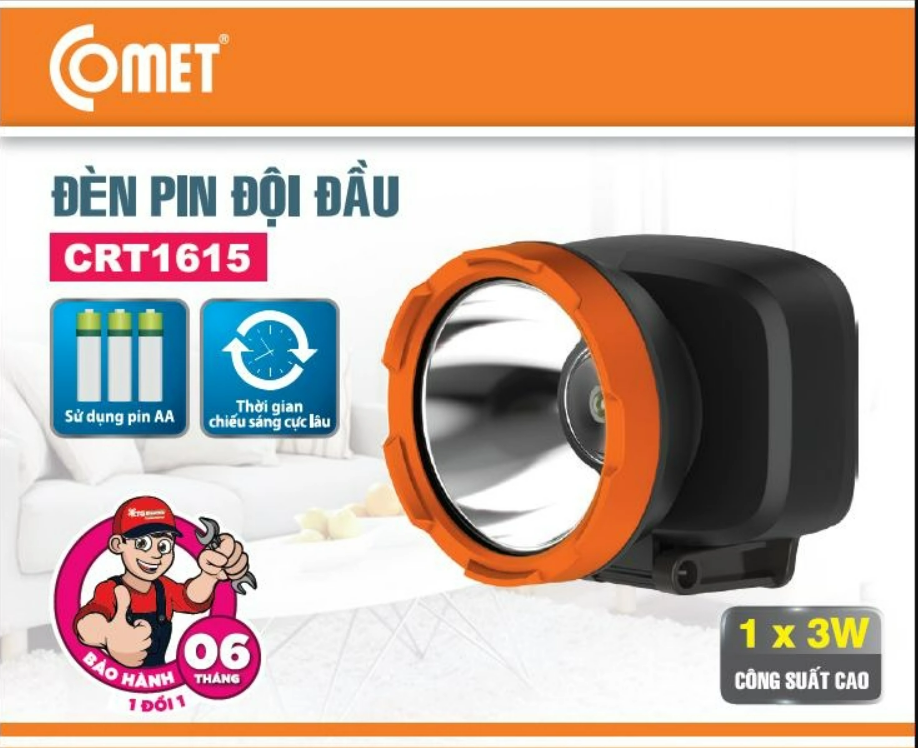 Đèn Pin Led Đội Đầu COMET CRT1615 1W Dùng Pin AA 2 mức chiếu sáng