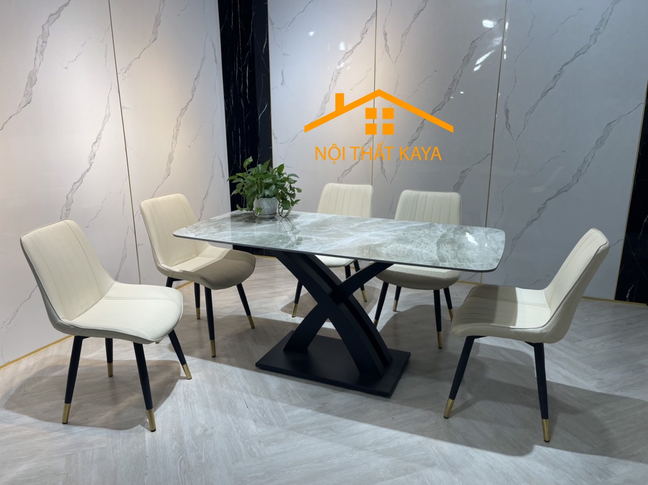 Bộ Bàn Mặt Đá Ceramic Chân X 6 Ghế Nhập Khẩu 160cm x 90cm x 75cm KY-GH11