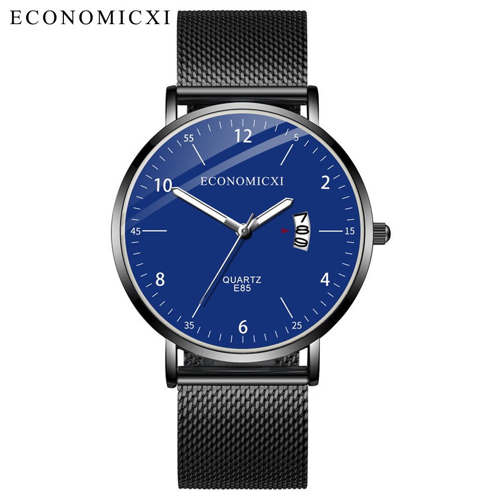 Đồng hồ nam thời trang ECONOMICXI dây thép lưới đen có kèm lịch ngày cao cấp - Phong cách doanh nhân lịch lãm