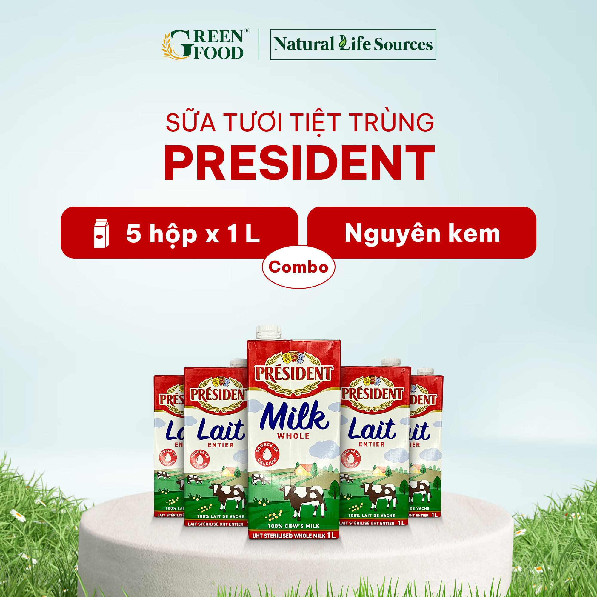 Combo 5 Hộp Sữa tươi tiệt trùng nguyên kem cao cấp President không đường | Hộp 1L - Nhập khẩu chính hãng từ Pháp.